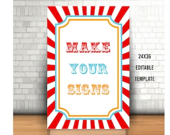 Editable Carnival Party Sign, Printable Circus Welcome Sign, Carnival Birthday Template, Custom Circus Party Sign, Red White Stripy, gift