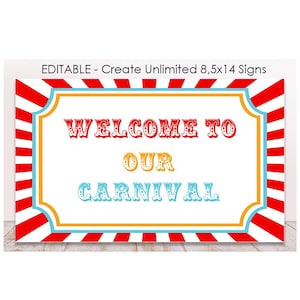Editable Carnival Party Sign, 14x8,5, landscape, Printable Circus Welcome Sign, Carnival Birthday Template, Custom Circus Party Sign, Gift