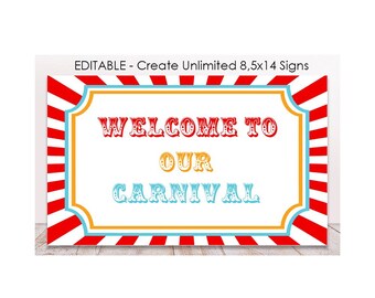 Editable Carnival Party Sign, 14x8,5, landscape, Printable Circus Welcome Sign, Carnival Birthday Template, Custom Circus Party Sign, Gift