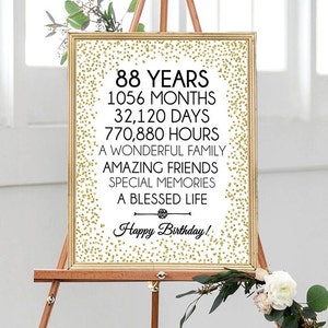 Feliz 88º aniversário, 8x10, 16x20, Felicidades aos 88 anos, placa de 88º aniversário, decoração de festa de aniversário com confete dourado, decoração de 88º aniversário, para impressão