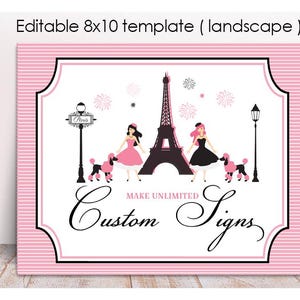 Paris Theme Party Template, Printable Girls Birthday Decoration, Editable Paris Birthday Sign, 8x10 landscape, Pink Birthday Party Decor