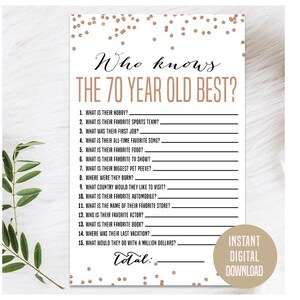 Rose 70th Birthday Game, Printable, 70th Birthday Party Activity, 1955 Party Game, 70th Birthday Trivia, Who Knows the 70 Year Old Best Game