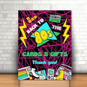 Panneau de cartes et de cadeaux rétro, panneau de fête rétro imprimable, retour aux années 80, fête d’anniversaire rétrospective, décoration de fête rétro, panneau de table rétro