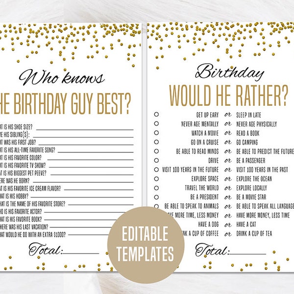 Mens Birthday Games Bundle, for Him, Birthday Party Games, Printable Adult Game Set, Bday Guy Games, Who knows birthday guy, Would He Rather