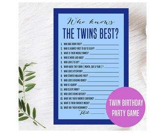 Blue Twin Birthday Party Game, Who Knows the Twins Best Game, Twin Birthday Party Games , Blue Birthday Game Card, Twins Printable Download