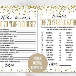Gold 70th Birthday Game Bundle, Printable, 70th Birthday Party Activity, 70th Would They Rather, 70th Birthday Trivia, 70th Who Knows  Game