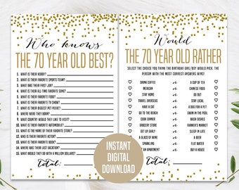 Pakiet gier Gold 70th Birthday, do druku, aktywność na 70. urodziny, 70th Would They Rather, ciekawostki z 70. urodzin, 70th Who Knows Game