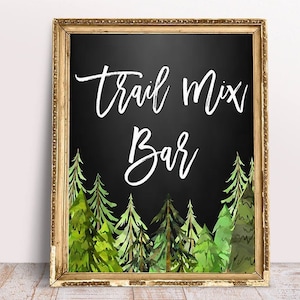 Signo de barra Trail Mix - Signo de baby shower - Signo de boda - Signos de pizarra - Signo de mesa Trail Mix - Decoración de invierno - Decoración de montaña - Árboles