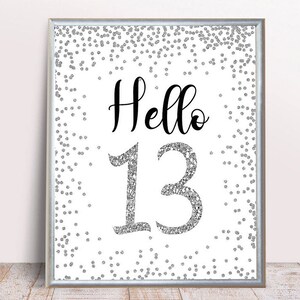 Hello 13, silberfarbenes 13. Geburtstagsschild, silberfarbenes Zeichen zum 13.