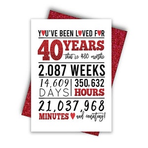 Carte du 40e anniversaire, carte imprimable, imprimables du 40e anniversaire, imprimables de carte de voeux, rouge 40e anniversaire, 40e anniversaire de coeur, fichier, rubis