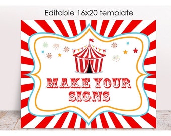 Puede incluir: Un fondo de rayas rojas y blancas con un marco blanco. Dentro del marco hay una carpa de circo roja y blanca con el texto "MAKE YOUR SIGNS" en letras rojas.