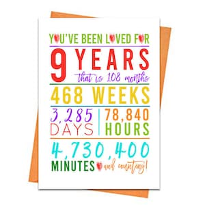 Carte de 9e anniversaire, carte d'anniversaire imprimable, imprimables de 9e anniversaire, imprimables de carte de voeux, arc-en-ciel 9e anniversaire, carte gaie de 9e coeur