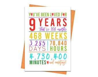 9th Birthday Card, Printable Birthday Card, 9th Birthday Printables, Greeting card printables, rainbow 9th birthday, 9th heart cheerful card