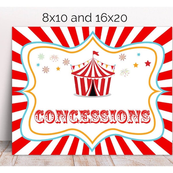 Carnival Party Concessions Sign, Printable, Circus Birthday Concession Sign, Circus Food, Snacks, Treats, Candy, Drinks, Circus Favors, gift