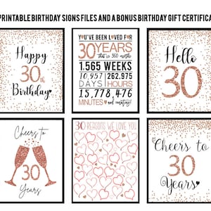 Decoraciones de oro rosa 30 cumpleaños imprimible, signos de cumpleaños número 30 para mujeres, feliz hola cuarenta saludos fabulosa descarga instantánea, 30 razones