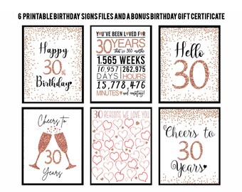 Rose Gold Decorations 30th Birthday Printable, 30th Birthday Signs for Women, Happy Hello Forty Cheers Fabulous Instant Download, 30 Reasons