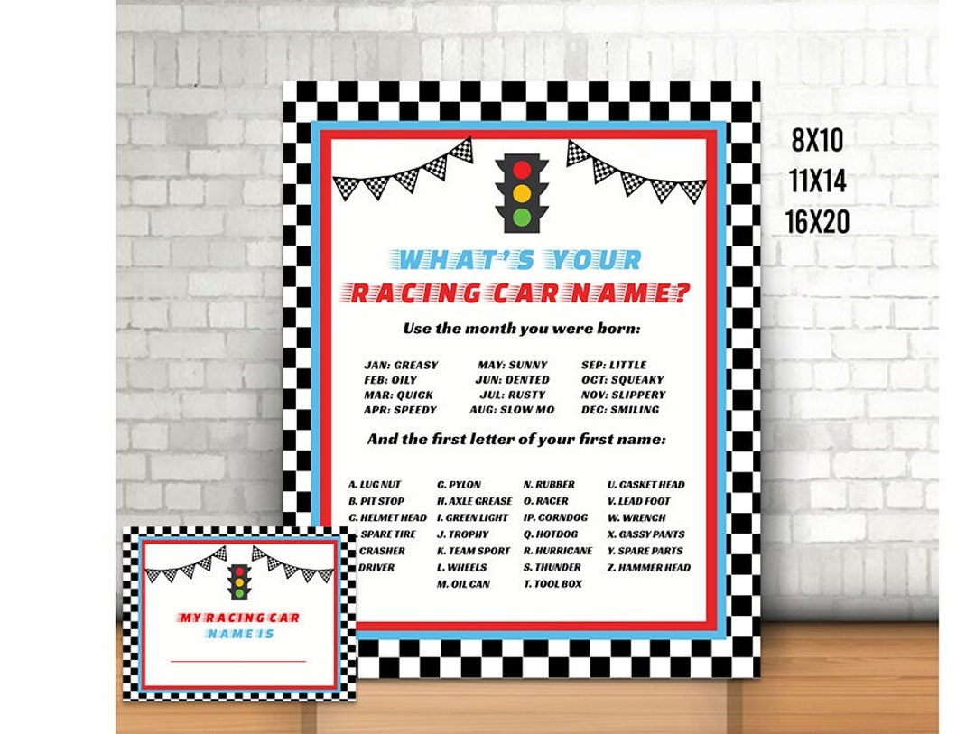 Race Car Name Name Sign and Card, Printable, Car Names Poster, What's