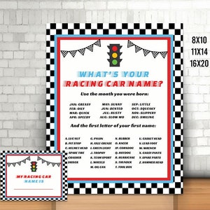 Race auto naam naam teken en kaart, afdrukbare, auto namen poster, wat is uw race auto naam? Bday Decor, Party Decor, Auto Verjaardag Activiteit