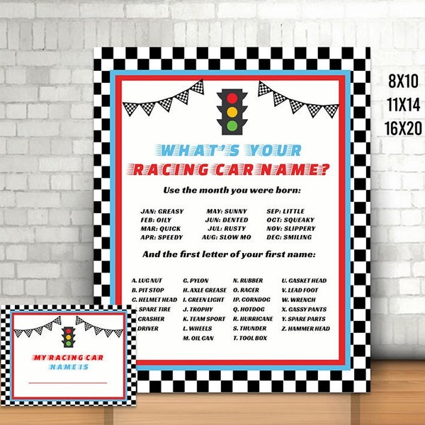 Race Car Name Name Sign and Card, Printable, Car Names Poster, What's your Racing Car Name? Bday Decor, Party Decor, Car Birthday Activity