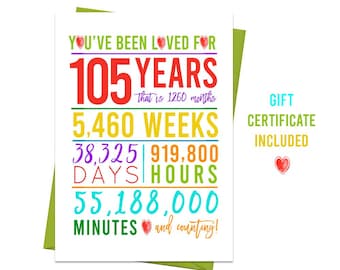 105th Birthday Card, Printable Birthday Card, 105th Birthday Printables, Greeting card, gift, colorful 105th birthday, Rainbow 105th bday