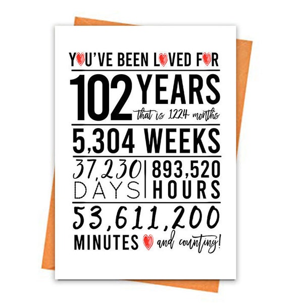 102nd Birthday Card, Printable Birthday Card, 102nd Birthday Printables, Greeting card printables, red 102nd birthday, 102nd heart birthday