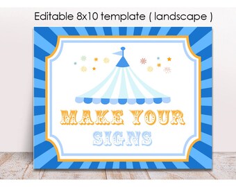 Editable Blue Carnival Party Sign, Printable, Circus Canopy, Circus Birthday Decor, Instant Carnival Party Decor, Light Blue Carnival, Corjl