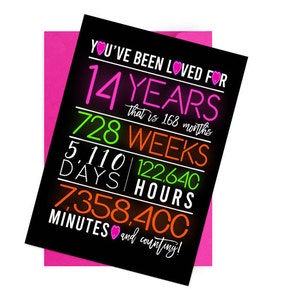 Glow 14. Geburtstagskarte, druckbare Geburtstagskarte, Neon 14. Geburtstagskarte, Grußkarte Printables, Printable 14. Geburtstag, 14. Herz