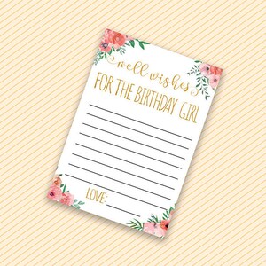 Well wishes for the birthday girl, Advice for the birthday girl, Floral Birthday, Girl Birthday party game, Activity, Gold Birthday Game