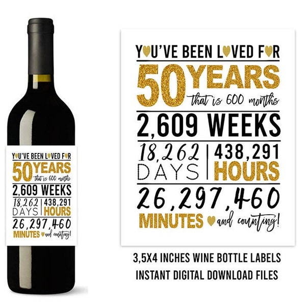 Gold 50th Birthday Wine Bottle Labels, PRINTABLE Wine Bottle Labels, Cheers to 50 Years, Happy 50th birthday, Printable 50th Birthday Labels
