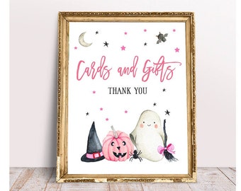 Tarjetas y letrero de regalo, Impresión rosa de tarjetas y regalos de Halloween, Baby Shower de niña de Halloween, Little Boo is Due, Decoración rosa de Halloween imprimible