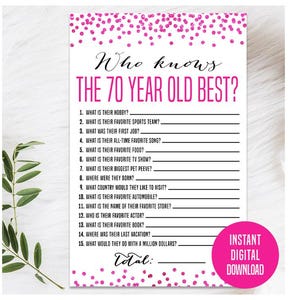 Hot Pink 70th Birthday Game, Printable, 70th Birthday Party Activity, 1955 Party Game, 70th Birthday Trivia, Who Knows the 70 Year Old Best