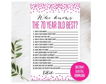 Gra urodzinowa Hot Pink 70th, do druku, aktywność na 70. urodziny, gra imprezowa 1955, ciekawostki z okazji 70. urodzin, kto najlepiej zna 70-latka