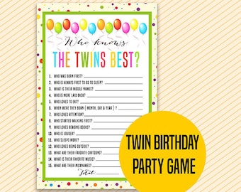 Colorful Twin Birthday Party Game, Who Knows the Twins Best Game, Twin Birthday Party Games , Balloon Game Card, BallsPrintable Download
