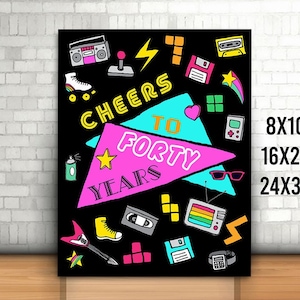 Printable 40th Birthday Sign, 40th Retro Party Sign, Birthday Gift, Birthday Poster, Retro Poster, Cheers to 40 Years, Printable 40th Party