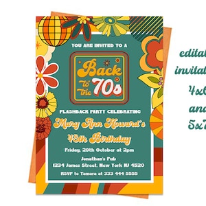 Editable 70&#39;s Themed Birthday Party Invitation, Retro Birthday Party Invitation, Printable 1970s Birthday Invite, Back to the 70s Invitation