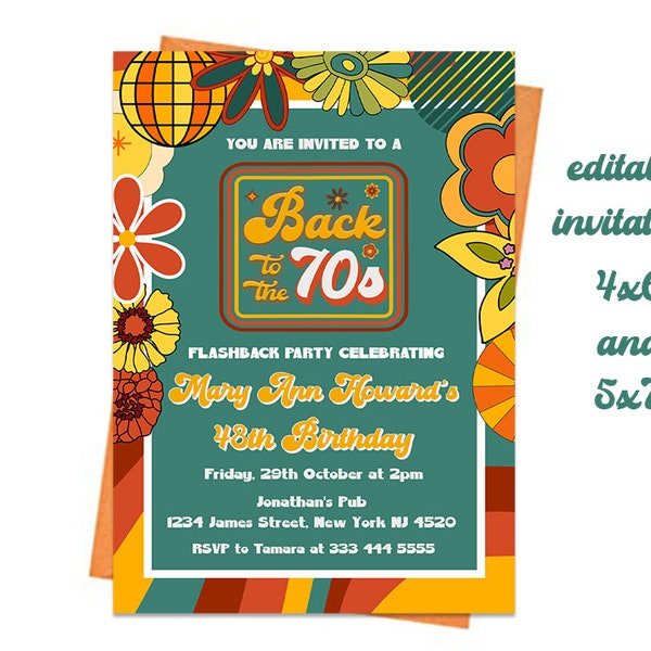 Editable 70's Themed Birthday Party Invitation, Retro Birthday Party Invitation, Printable 1970s Birthday Invite, Back to the 70s Invitation