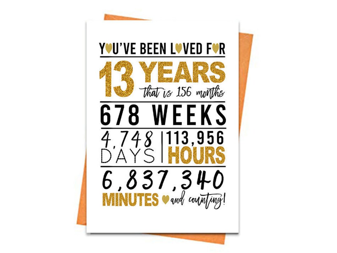 Gold 13th Birthday Card, Printable Birthday Card, 13th Birthday ...