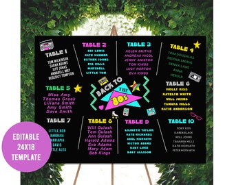 Tabla de asientos de fiesta retro EDITABLE, cartel de fiesta imprimible de los 80, fiesta temática de los 80, decoración de fiesta temática de los 80, disposición de asientos de cumpleaños retro