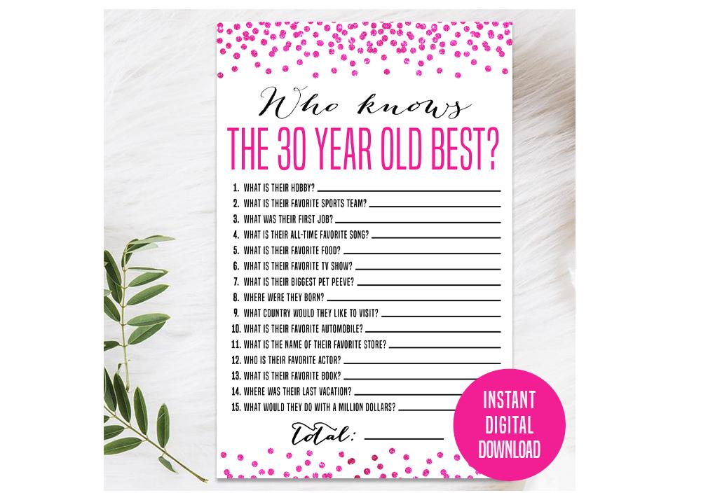 Hot Pink 30th Birthday Game, Printable, 30th Birthday Party Activity, 30th Party Game, 30th Birthday Trivia, Who Knows the 30 Year Old Best