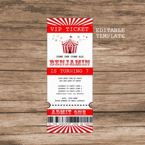 Editable Circus Birthday Birthday Party Invitation, Carnival Birthday Party Ticket Invitation Printable Template, Circus Ticket Invitation