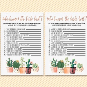 Bridal Shower Games, Rose Gold Who Knows The Bride Best, Printable Fiesta Bridal Shower Game, Succulent How well do you know the bride, Boho