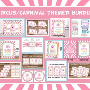 Pink Carnival Theme Party Bundle, Invitation & Decoration, Printable Package Set Bundle Pack Kit, Editable Circus Birthday, Pink Circus gift