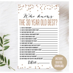 Rose 30th Birthday Game, Printable, 30th Birthday Party Activity, 30th Party Game, 30th Birthday Trivia, Who Knows the 30 Year Old Best Game