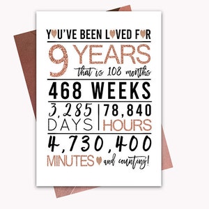 Rose Gold 9th Birthday Card, Printable Birthday Card, 9th Birthday Printables, Greeting card printables, rose 9th birthday, 9th heart card