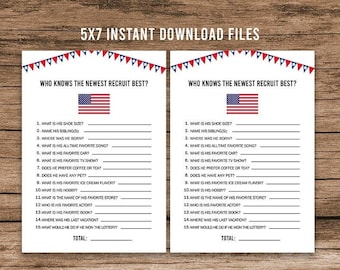 May include: Two printable game cards with red, white, and blue decorations. The cards are titled "Who Knows the Newest Recruit Best?" and feature a list of 15 questions about the recruit.