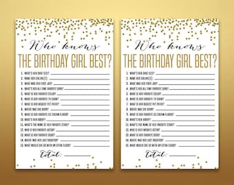 Who knows the birthday girl best, How well do you know the birthday girl, Birthday Quiz, Girl Birthday party game, Activity, Gold Birthday