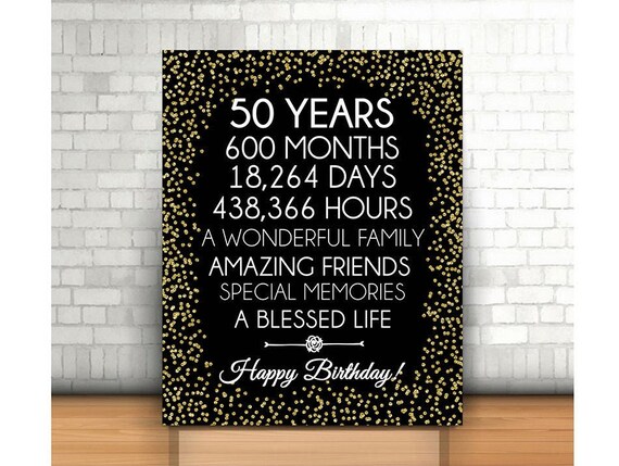 Happy 50th Birthday Banner – Black & Gold Glitter Yard Sign With 20ft Rope