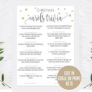 Curiosità sui brani di Natale in oro modificabile, gioco di curiosità sui canti natalizi, quiz di Natale, curiosità sulle vacanze per adulti stampabili, divertenti canzoni natalizie per tutta la famiglia