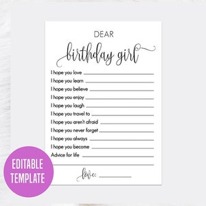 Dear Birthday Girl Birthday Game, Advice For Birthday Girl, Birthday Quiz, Girl Birthday party game, Attività, Compleanno rustico, Minimalista