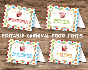 May include: Four printable food tent cards with a circus theme. Each card has a red and white striped tent with a red flag on top. The cards are decorated with colorful polka dots and the words "Popcorn", "Pizza", "Nachos", and "Chips" are printed in a vintage circus font.